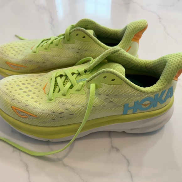 HOKA One One Neon Yellow Blue Orange Clifton 9 Running Shoes women's 8.5 used - Picture 1 of 3